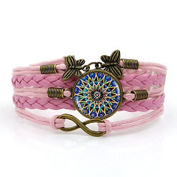 Pearl Pink PU Leather Multi-strand Bracelet, Glass Mandala & Alloy Butterfly Links Bracelet for Women, Pearl Pink, 6-3/4 inch(17cm)