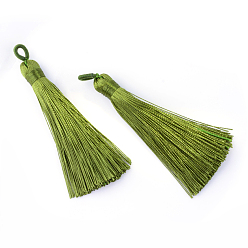 Светло-зеленый Коричневый Полиэстер кисточка большие подвески украшения, оливковый, 80~90x8.5~9 мм, отверстие : 4x6 мм