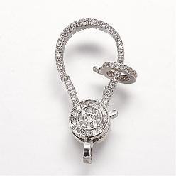 Platinum Brass Micro Pave Cubic Zirconia Lobster Claw Clasps, Platinum, 31x14x4.5mm, Hole: 2mm