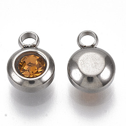 Topaz Rhinestone Charms, November Birthstone Charms, with 201 Stainless Steel, Flat Round, Stainless Steel Color, Topaz, 9x6.5x4mm, Hole: 1.8mm