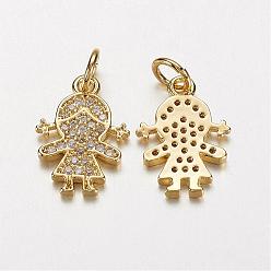 Golden Electrophoresis Brass Micro Pave Cubic Zirconia Charms, Long-Lasting Plated, Girl, Golden, 15x10x1.5mm, Hole: 3mm