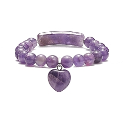 Améthyste Bracelets de perles d'améthyste naturelle, bracelet pendentif en forme de coeur, pour femme, 3/8 pouce (0.85 cm), diamètre intérieur: 2-1/8 pouce (5.5 cm)