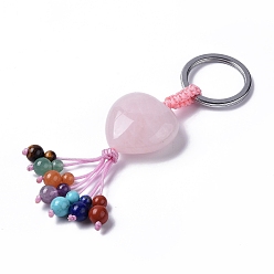 Rose Quartz Natural Rose Quartz Heart with Mixed Gemstone Tassel Keychains, with 304 Stainless Steel Ring Clasps, 8.5~9cm