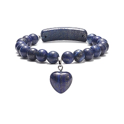 Lapis Lazuli Natural Lapis Lazuli(Dyed) Beaded Bracelets, Heart Shape Pendant Bracelet, for Women, 3/8 inch(0.85cm), Inner Diameter: 2-1/8 inch(5.5cm)