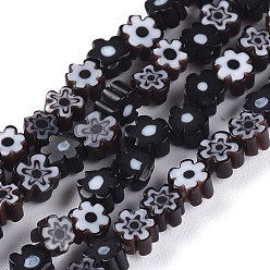 Noir Main millefiori perles de verre brins, fleur, noir, 3.7~5.6x2.6mm, trou: 1mm, environ 88~110 pcs/chapelet, 15.75'' (40 cm)