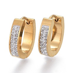 Golden 304 Stainless Steel Huggie Hoop Earrings, with Polymer Clay Rhinestone, Ring, Crystal, Golden, 16x14x4mm, Pin: 1mm