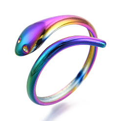 Rainbow Color 304 Stainless Steel Snake Cuff Ring, Open Wrap Ring for Women Girls, Rainbow Color, US Size 6(17.1mm)