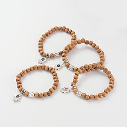 Mixed Stone Wood Beaded Stretch Bracelets, with Natural Gemstone Beads and Alloy Findings, Buddha and Hamsa Hand/Hand of Fatima/Hand of Miriam, 61mm