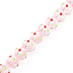 Rouge Lavande Brins de perles à chalumeau manuels, avec l'émail, ronde avec des fleurs, blush lavande, 11x9.5mm, Trou: 1.4mm, Environ 36 pcs/chapelet, 13.58'' (34.5 cm)