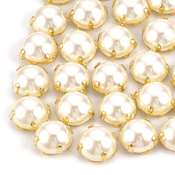 Golden ABS Plastic Imitation Pearl Shank Buttons, with Brass Findings, Half Round, Creamy White, Golden, 7x7x4.5mm, Hole: 1mm