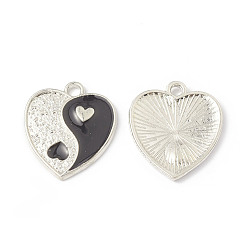 Black Alloy Enamel Pendants, Heart with Yin Yang Charm, Platinum, Black, 17x15x1.6mm, Hole: 1.8mm