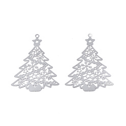 Stainless Steel Color 201 Stainless Steel Pendants, Etched Metal Embellishments, Christmas Tree, Stainless Steel Color, 53x39x0.3mm, Hole: 2mm