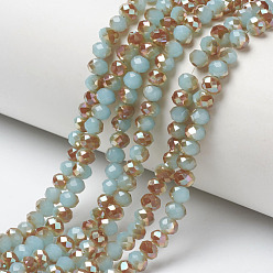 Turquoise Pâle Perles en verre electroplate, perles d'imitation en jade, demi-plaqué, arc-en-ciel plaqué, facette, rondelle, turquoise pale, 4x3mm, Trou: 0.4mm, Environ 123~127 pcs/chapelet, 16.5~16.9 pouce (42~43 cm)