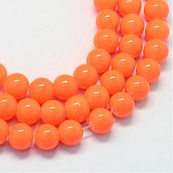 Темно-Оранжевый Выпечка роспись стекла круглый шарик нити, темно-оранжевый, 8.5~9 мм, отверстие : 1.5 мм, около 105 шт / нитка, 31.8 дюйм