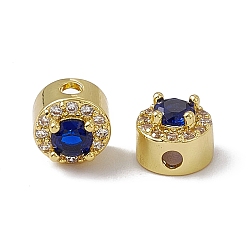 Blue Rack Plating Brass Micro Pave Cubic Zirconia Flat Round Beads, Real 18K Gold Plated, Long-Lasting Plated, Cadmium Free & Nickel Free & Lead Free, Blue, 7x5.5mm, Hole: 1.8mm
