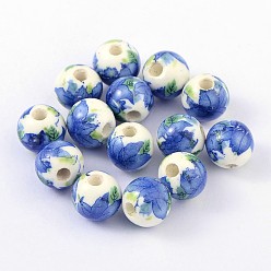 Royal Blue Handmade Printed Porcelain Beads, Round, Royal Blue, 10mm, Hole: 3mm