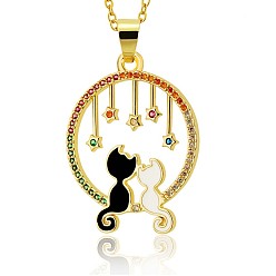 Black Full Moon with Double Cat and Star Pendant Necklace, Jewelry Mother’s Day Gift for Women, Golden, Black, 16.34 inch(41.5cm)
