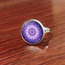 Blue Violet Glass Mandala Flower Finger Ring, Platinum Brass Flat Round Signet Ring for Women, Blue Violet, US Size 8(18.1mm)