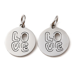 Word 304 Stainless Steel Charms, Laser Cut, with Jump Ring, Stainless Steel Color, Hollow, Flat Round with Word Love Charm, 13.5x12x1mm, Hole: 3.6mm