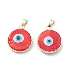 Red Handmade Evil Eye Lampwork Pendants, with Rack Plating Light Gold Tone Brass Findings, Long-Lasting Plated, Lead Free & Cadmium Free, Flat Round, Red, 24~25.5x20.5~21x4~4.5mm, Hole: 6x4~4.5mm