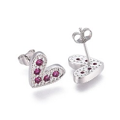 Platinum Brass Micro Pave Cubic Zirconia Stud Earrings, with Brass Ear Nuts, Heart, Magenta, Platinum, 10x11.5mm, Pin: 0.7mm