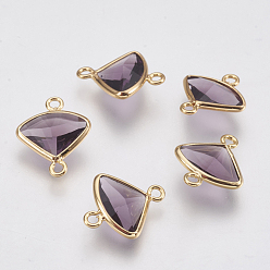 Medium Purple Glass Links connectors, with Brass Findings, Faceted Fan, Real 18K Gold Plated, Medium Purple, 12.5x10x3mm, Hole: 1mm