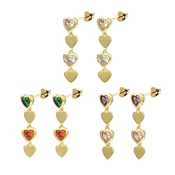Mixed Color Cubic Zirconia Heart Dangle Stud Earrings, Real 18K Gold Plated Brass Drop Earrings, Lead Free & Cadmium Free, Mixed Color, 31x8mm