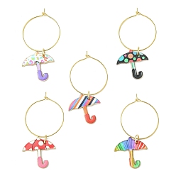 Mixed Color Umbrella Alloy Enamel Wine Glass Charms Sets, with Brass Hoop Earrings Findings, Mixed Color, 45mm, 5pcs/set