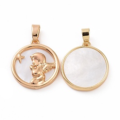 Real 18K Gold Plated Brass Shell Pendants, Flat Round with Angel Charms, Real 18K Gold Plated, 18x16x2mm, Hole: 3x5mm
