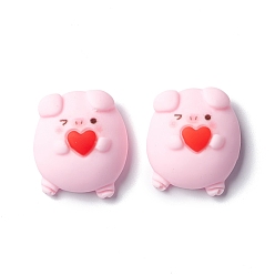 Pink Resin Cabochons, Pig with Heart, Pink, 19x17x8.5mm