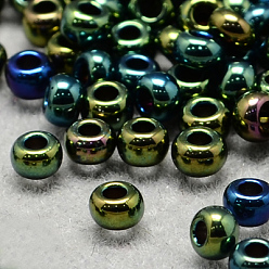 Verde azulado 8/0 calificar unas cuentas redondas de semillas de vidrio, iris de colores metalizados, cerceta, 8/0, 3x2 mm, agujero: 1 mm, sobre 10000 unidades / bolsa