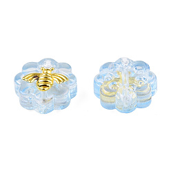 Bleu Ciel Perles de verre peintes par pulvérisation transparent, avec les accessoires en laiton plaqués or, fleur avec abeilles, bleu ciel, 12x12x5mm, Trou: 1mm