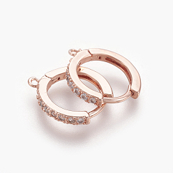 Розовое Золото Латунные серьги-кольца из микро-паве с фианитами, прозрачные, розовое золото , 16x14x2 мм, отверстия: 1 мм, штифты: 1 мм