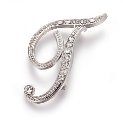 Platinum Alloy Brooches, with Rhinestone, Letter, Letter.T, Platinum, 44x37x3mm, Pin: 1mm