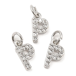 Real Platinum Plated Brass Micro Pave Grade AAA Cubic Zirconia Charms, Letter P, Cadmium Free & Nickel Free & Lead Free, Real Platinum Plated, 9x4.5x1.5mm, Hole: 2mm