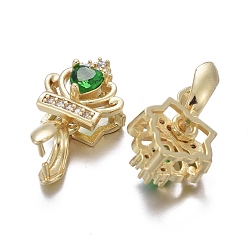 Real 18K Gold Plated Brass Micro Pave Cubic Zirconia Ice Pick Pinch Bails, Long-Lasting Plated, Crown, Green & Clear, Real 18K Gold Plated, 19x10.5x7mm, Hole: 2x4mm, Pin: 0.7mm.