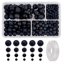 Black Agate DIY Natural Black Agate Stretch Bracelets Making Kits, include Frosted Round Beads, Elastic Thread, 4mm/6mm/8mm/10mm, Hole: 1mm, 370pcs/box