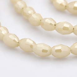Pale Goldenrod Pearl Luster Plated Imitation Jade Glass Faceted Rice Beads Strands, Pale Goldenrod, 6x4mm, Hole: 1mm, about 72pcs/strand, 16 inch
