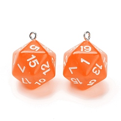 Orange Transparent Acrylic Pendants, with Platinum Plated Iron Findings, Dice, Orange, 27.5x20x20mm, Hole: 2mm