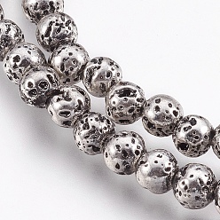 Platinum Plated Electroplate Natural Lava Rock Beads Strands, Long-Lasting Plated, Round, Bumpy, Platinum Plated, 4.5~5mm, Hole: 0.8mm, about 89pcs/strand, 15.16 inch(38.5cm)