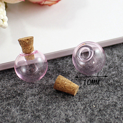 Rose Nacré Bouteilles en verre miniatures, avec bouchons en liège, bouteilles de vœux vides, pour accessoires de maison de poupée, fabrication de bijoux, ronde, perle rose, 10mm