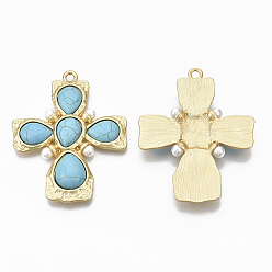 Real 18K Gold Plated Alloy Big Pendants, with Synthetic Turquoise and ABS Plastic Imitation Pearl, Cadmium Free & Nickel Free & Lead Free, Cross, Real 14K Matte Gold Plated, 71x56x8mm, Hole: 3.6mm