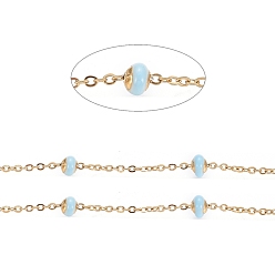 Light Sky Blue Stainless Steel Satellite Chains, with Enamel Beads and Spool, Soldered, Long-Lasting Plated, Flat Round, Golden, Light Sky Blue, 1.5x1.2x0.3mm, about 32.8 Feet(10m)/roll