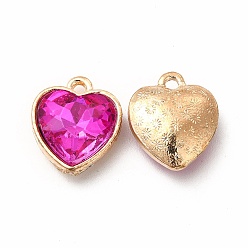 Fucsia Colgantes de diamantes de imitación de cristal facetado, con hallazgos de aleación de zinc de tono dorado, encantos del corazón, fucsia, 16.5x14x6.5 mm, agujero: 1.6 mm