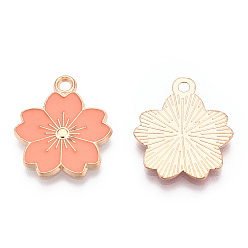 Saumon Pendentifs en émail , fleur de sakura, or et de lumière, Saumon, 20.5x17.5x1.5mm, Trou: 2mm