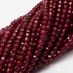 Cerise Dyed Natural White Jade Round Beads Strands, Faceted, Cerise, 4mm, Hole: 1mm, about 92pcs/strand, 15.3 inch