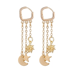 Golden Sun & Moon & Star Stainless Steel Dangle Hoop Earrings, Long Tassel Brass Drop Earrings for Women, Golden, 45mm, Pin: 1mm