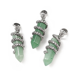 Green Aventurine Natural Green Aventurine Double Terminal Pointed Pendants, Faceted Bullet Charms with Antique Silver Tone Alloy Dragon Wrapped, 47x14.5x15mm, Hole: 7.5x6.5mm