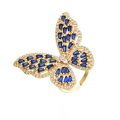 Темно-Синий Открытые манжеты с кубическим цирконием и бабочкой, массивное широкое кольцо из настоящей позолоченной латуни для женщин, без никеля , темно-синий, размер США 18 7 (1/2 мм)