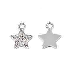 Stainless Steel Color 304 Stainless Steel Charms, with Crystal Rhinestone, Star, Stainless Steel Color, 15x12x2mm, Hole: 2mm